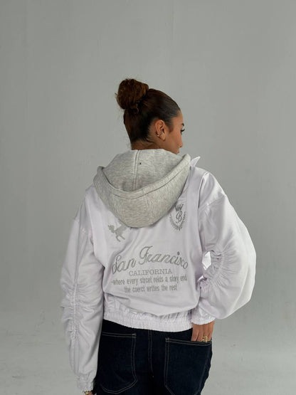uble-Layer Hooded Graphic Jacket